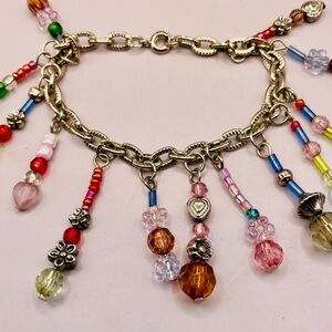 Colorful Beaded Charm Bracelet with crystals and silver detail beads. 6 1/2 inch